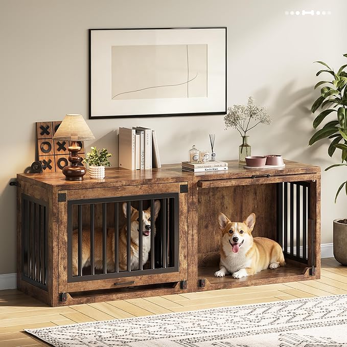 Jocoevol Dog Crate Furniture - 30'' Wooden Dog Kennel for Dogs up to 30 lb, Small Dog Crate with Hidden Sliding Door, Heavy Duty Dog Cage with Safety Latch and Quiet Pads, Rustic Brown