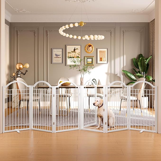 BHG Metal No-Assembly Freestanding Dog Gate with Door Walk Through, Extra Wide 120", Extra Tall 30" Pet Gate, Accordion Puppy Folding Playpen Dog Fence for Indoor & Outdoor, with 2PCS Support - White