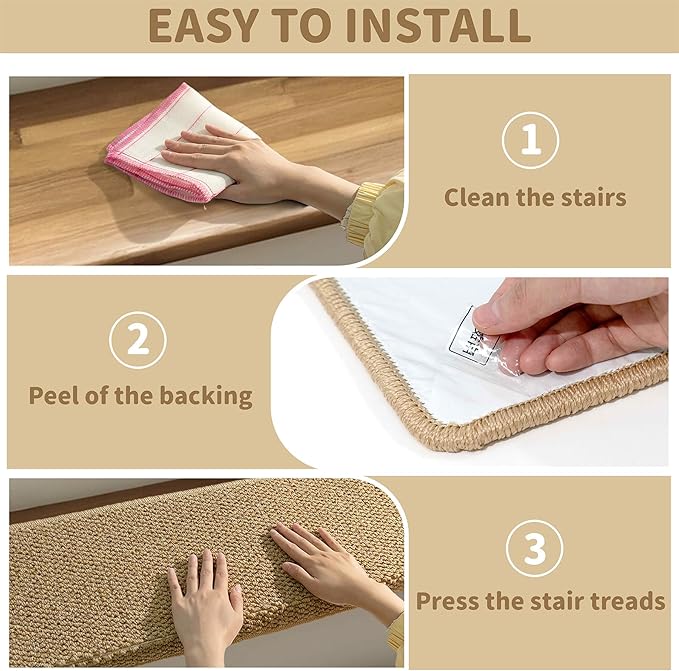 Brakki Bullnose Carpet Stair Treads, Non Slip Stair Treads for Wooden Steps Indoor Runner, Soft Rugs for Pets, Edging Protectors, Washable, 29.5"x9.5"x1.5" 7pcs, Beige