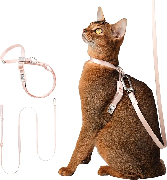 Cat Harness and Leash Set, Escape Proof Figure 8 Cat Harness Adjustable Anti-Choke Quick Release w/QR Tag, Soft Thin Crossbody/Waist Leash and Harness Set for Cats≤22lbs (Blush Pink, S)