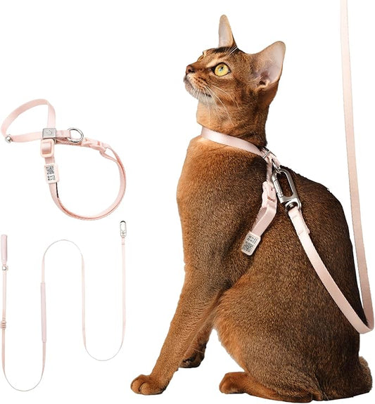 Cat Harness and Leash Set, Escape Proof Figure 8 Cat Harness Adjustable Anti-Choke Quick Release w/QR Tag, Soft Thin Crossbody/Waist Leash and Harness Set for Cats≤22lbs (Blush Pink, M)