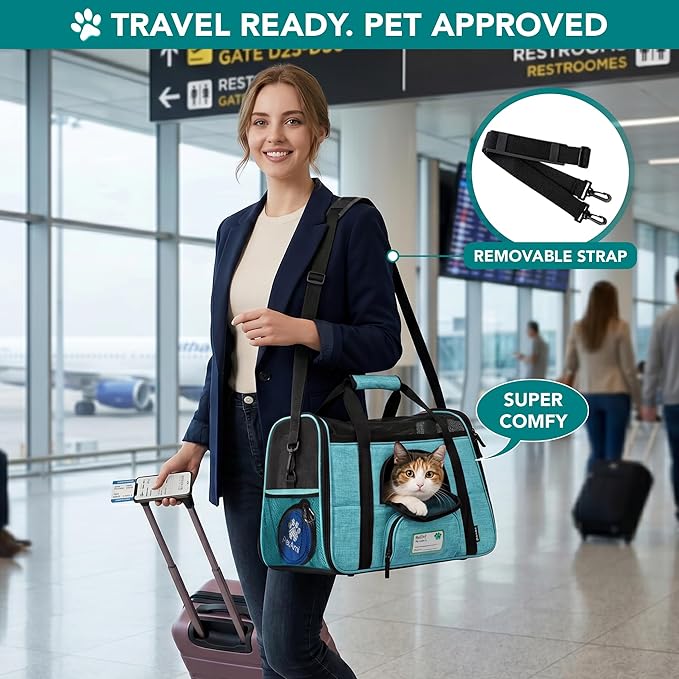 PetAmi Airline Approved Pet Carrier for Cats & Small Dogs, Soft Sided TSA Travel Carrier Bag Sherpa Bed, Breathable Mesh Ventilation, Collapsible Bowl, Fit Under Seat, Up to 18 lbs, Small Heather Blue