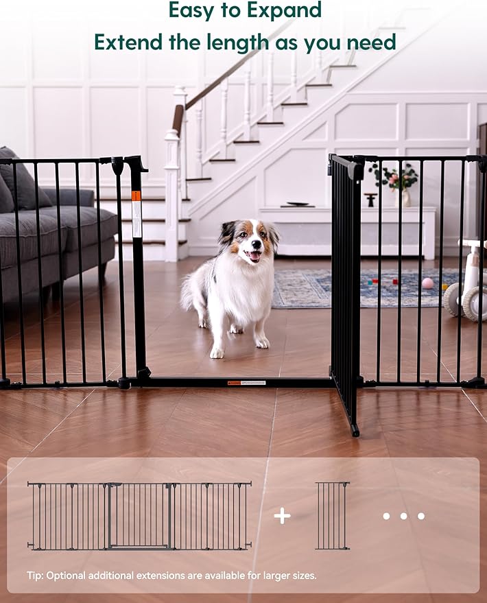 Babelio 104" Extra Wide Baby Gate, 30” Tall Auto Close Dog Fence for Stairs Doorways Fireplace, Hardware Mounted Pet Gate Indoor, Foldable 5 Metal Panels, AdaptiZone Series, Black