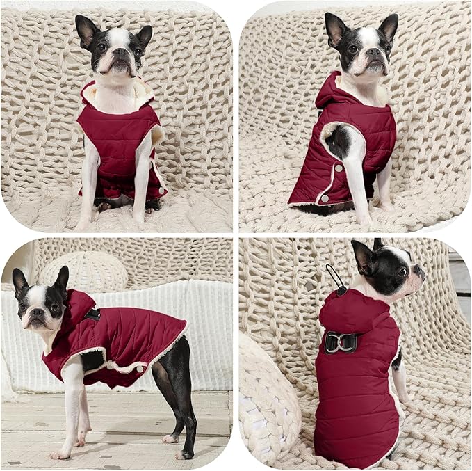 Vecomfy Fleece Lining Dog Hoodie with Harness Built in,Extra Warm Large Dog Jacket in Winter Doggie Coats with Drawstring Hooded,Red XXXL