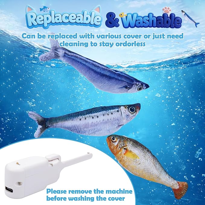 3PCS Interactive Cat Toy Floppy Fish Cat Toy with Crinkle Paper & Fishing Pole, Moving Cat Toys for Indoor Cats Boredom Relief, Rechargeable Automatic Touch-Activated Toys for Interactive Fun