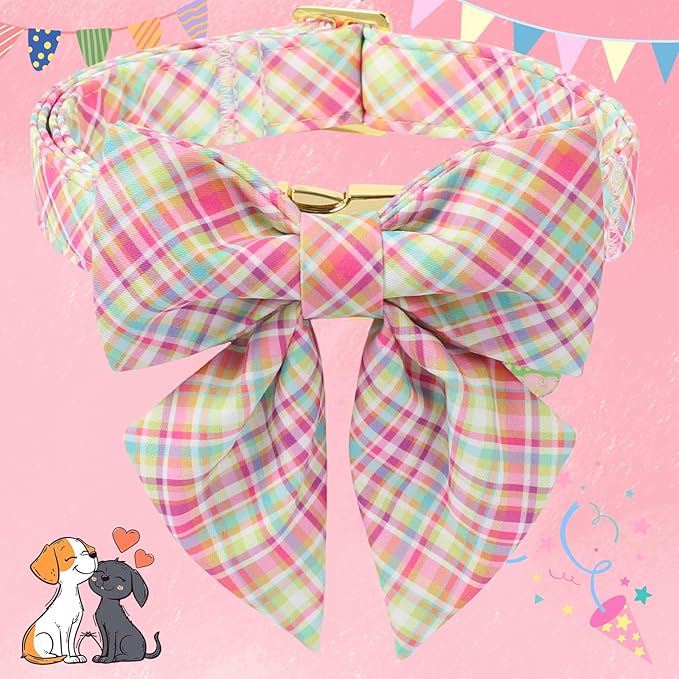 DOGWONG Easer Dog Collar with Sailor Bow,Colorful Plaid Dog Collar, Adjustable Durable Soft Easter Dog Collars for Male Female Dogs,XL