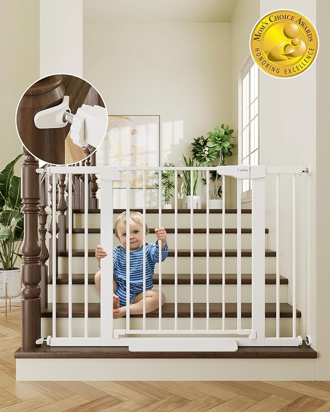Cumbor 30-46" Baby Gate for Stairs, Toddler Safety Essentials for The House, Auto Close Dog Gate for Doorways, Mom's Choice Awards Winner-Easy Install Pressure Mounted Pet Gates for Dogs, White