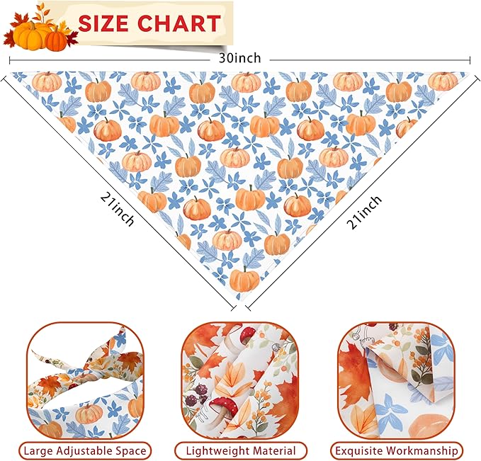 Fall Dog Bandana Reversible 2 Pack, Cute Autumn Pumpkin Leaves Fall Pet Bandanas Set Adjustable Triangle Holiday Scarves for Medium Large Extra Large Boy Girl Dogs