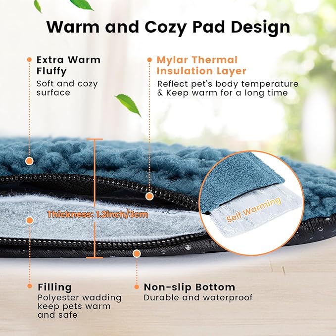 Dog Bed Mat Self Heating Pad for Medium Small Dogs, Dog House Bed Crate Pad for Sleeping Self Warming Pet Bed Puppy Blanket with Removable Washable Cover, Blue 36 Inches