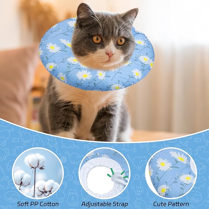 Seyezo Cat Cone Collar Soft, Adjustable Cat Recovery Collars Kitten Cones to Stop Licking, Cute Donut E Collar After Surgery, Recovery Elizabethan Collar for Kitten(Blue Daisy, Large)