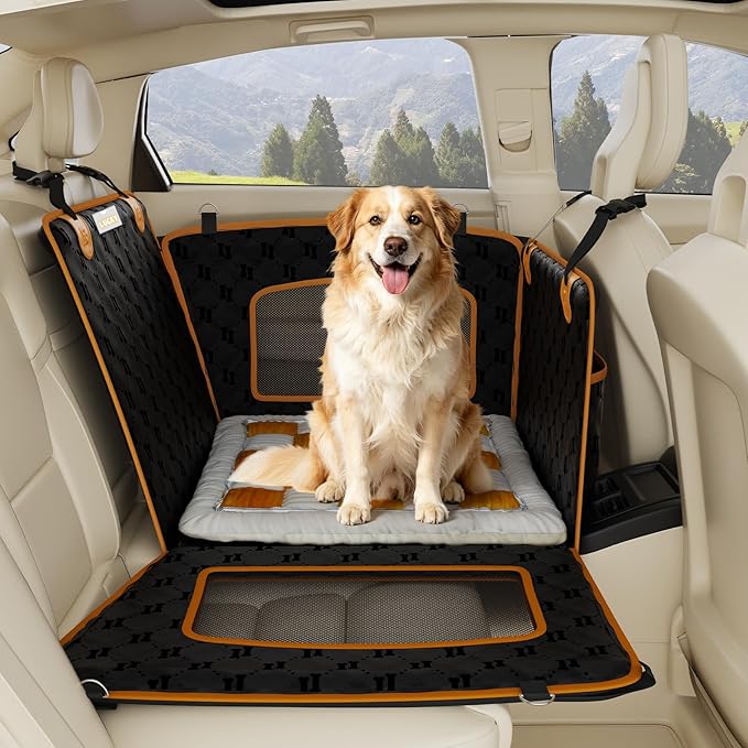 2-in-1 Dog Car Seat for Large Dogs Set with Dog Mat,Dogs Cars Carrier Anti Slip and Waterproof,Pet Car Seat Extender with Hard Bottom&Personalized Signature for Cars/SUV/Trucks(Brown Mat)