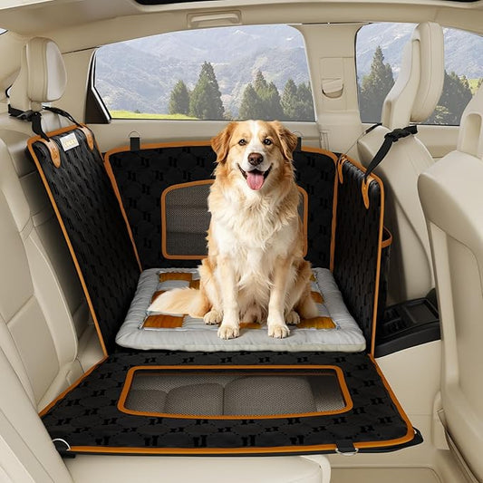 2-in-1 Dog Car Seat for Large Dogs Set with Dog Mat,Dogs Cars Carrier Anti Slip and Waterproof,Pet Car Seat Extender with Hard Bottom&Personalized Signature for Cars/SUV/Trucks(Brown Mat)