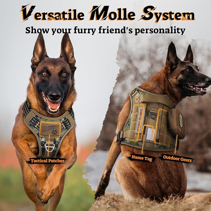 rabbitgoo Tactical Dog Harness for Small Dogs No Pull Adjustable Military Vest with Handle MOLLE Reflective Heavy Duty Dog Vest for Walking Training Hunting Outdoor Medium Size Dog Brown Camo S