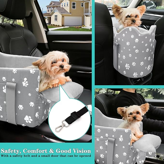 Center Console Dog Car Booster Seat for Small Dogs 0-15 lbs - Grey Pet Travel Carrier Safety Leash, Detachable Seat Belt & Storage Pockets