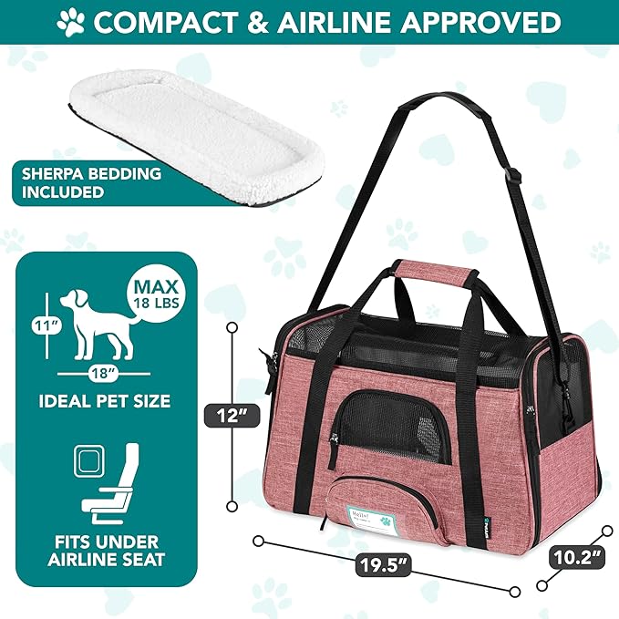 PetAmi Airline Approved Pet Carrier for Cats & Small Dogs, Soft Sided TSA Travel Carrier Bag with Sherpa Bed, Breathable Mesh Ventilation, Collapsible Bowl, Up to 18 lbs, Large Heather White Red