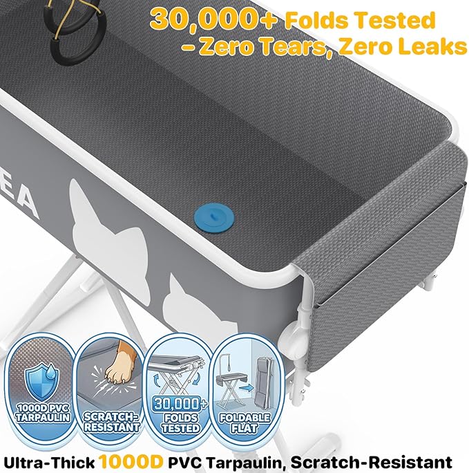 PAWZIDEA 2-in-1 Portable Dog Bathtub & Grooming Table, 33" Foldable Pet Washing Station for Small to Medium Dogs Cats up to 40lbs, 5 Height Adjustable Elevated Bath Tub Indoor Outdoor, Storage Pocket