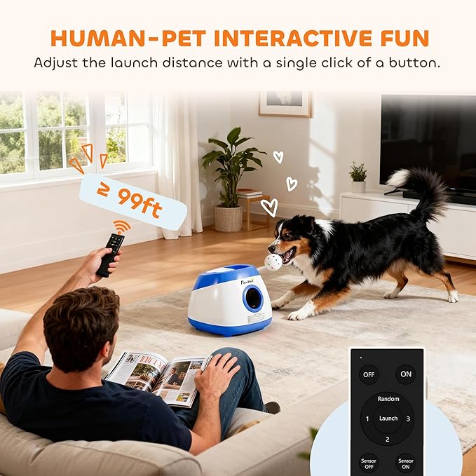 PawHut Automatic Dog Ball Launcher, Rechargeable Dog Ball Thrower with Remote Control, 3 Adjustable Distance (39ft/59ft/78ft), 6 ETPU Tennis Fetch Toys 2.5", for Medium Large Breeds, Blue