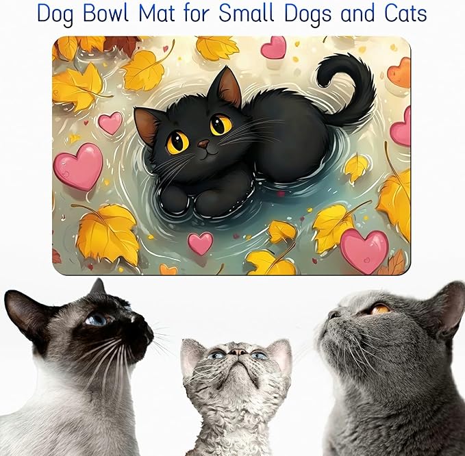 Dog Food Mat, 19.6" x 23.6" Absorbent Pet Feeding Mat for Food and Water, Waterproof Diatom Mud Pet Placemat with Non-Slip Rubber Backing, Cat Bowl Mat for Floors - Maple Leaf Black Cat