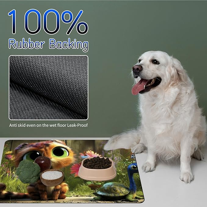 Dog Food Mat, 15.7" x 23.6" Absorbent Pet Feeding Mat for Food and Water, Waterproof Diatom Mud Pet Placemat with Non-Slip Rubber Backing, Cat Bowl Mat for Floors - Kitten Flower Forest