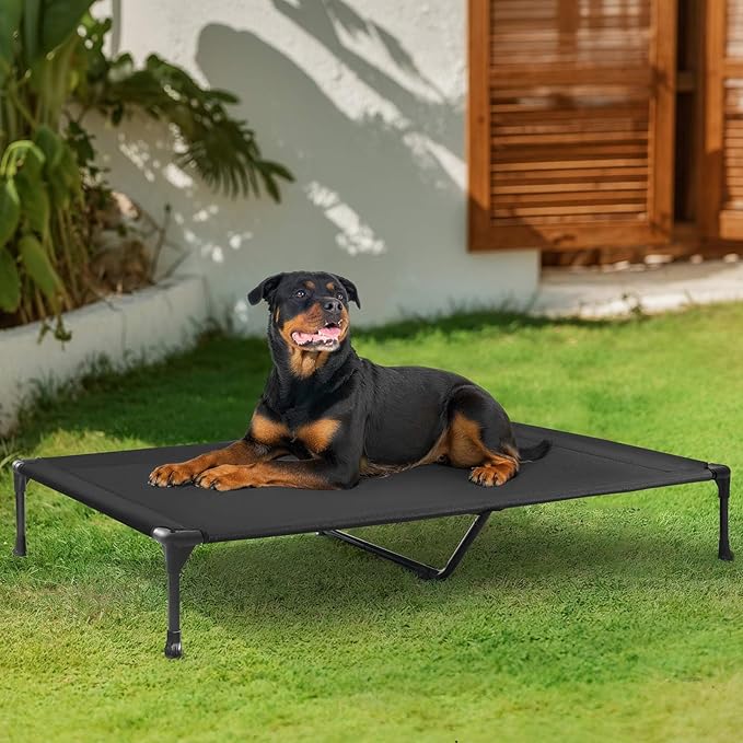 Veehoo Outdoor Elevated Dog Bed Large Sized Dogs, Extra Large Cooling Raised Dog Cots Beds Training Platform Off Ground Hammock with Breathable Mesh, No-Slip Feet, 53"x37", Black
