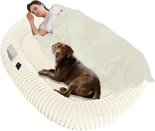 Human Dog Bed for Adult, Reversible Orthopedic Gel Memory Foam Cushion, Washable Corduroy Fleece, Plump Edge with Blanket, Storage Pocket, Strap, 71"x47.2"x9", Extra Large, Beige