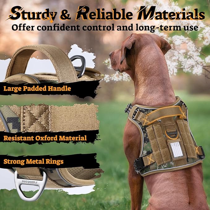 rabbitgoo Dog Harness Medium Sized No Pull, Tactical Service Pet Vest with Molle and Control Handle, Adjustable and Reflective Military Harness for Easy Walking and Training, Brown Camo, M