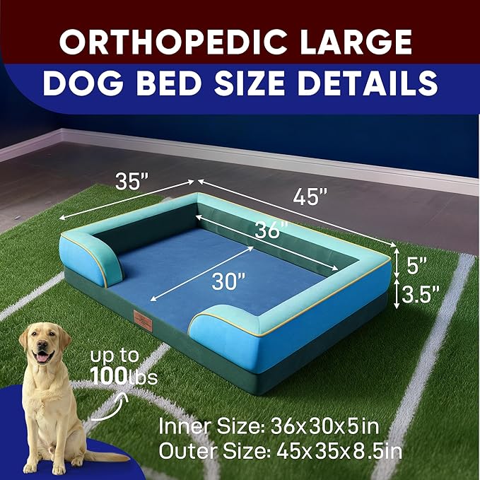 Comfort Expression Orthopedic Dog Bed for Extra Large Dogs 45x35 Inch, Waterproof Egg Crate Foam XL Pet Bed with Bolsters, Dog Couch with Washable Cover & Non-Slip Bottom, Dallas