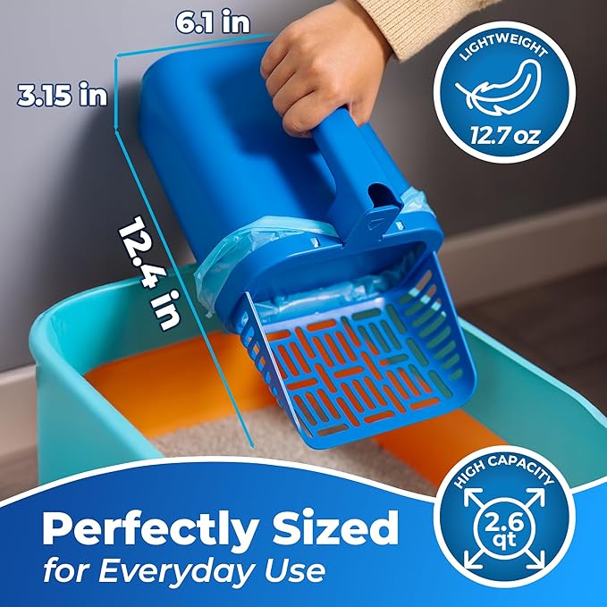 PetLovers Cat Litter Scooper with Built-in Bag, No-Touch One-Handed Kitty Litter Scoop for Open-Top Boxes 14+ Inches Wide, Hinged Clumping Poop Shovel, Seal & Toss Waste System (Bags Included)