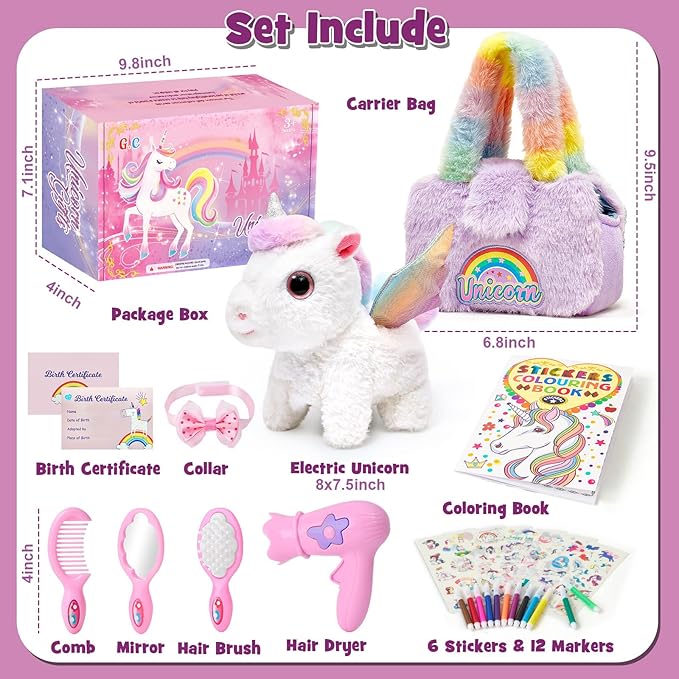 G.C Interactive Walking Unicorn Toys for Girls age 4-6, Electric Unicorn Plush with Bag & Coloring Book & Groom Accessories, Pretend Play Pet Care Kit Toddler Girl Christmas Birthday Gift 3 4 5 6 Year