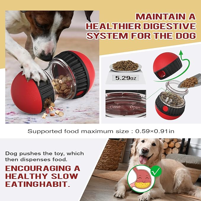 Dog Puzzle Toy Treat Dispenser Ball, Adjustable Rolling Dog Enrichment Toy & Slow Feeder for Medium Large Dogs, Mental Stimulation Toy to Keep Dogs Busy, L Red