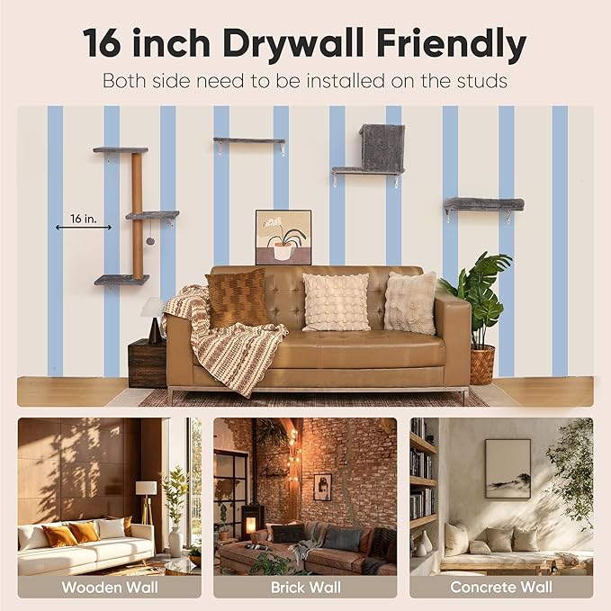 FUKUMARU Cat Wall Shelves, Stable & Safe 4 in 1 Cat Walls Furniture Set, Wooden Kitten Climbing Wall with Scratching Post for 16 Inch Drywall - Light Gray