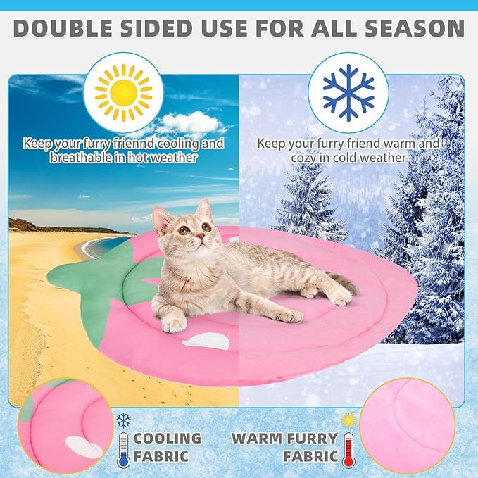 Upgrade Cat Self Cooling Mat for Summer, Reversible Thicken Pet Sleeping Blanket Pad Kennel Reusable Washable Waterproof Breathable Seat, Easy Carry Mats for Crate Car Playpen Puppy Strawberry Pink