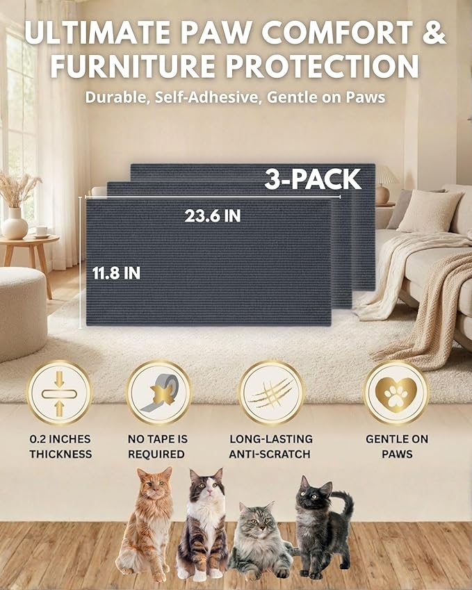 Corner & Wall Cat Scratch Mat, Self-Adhesive Trimmable Cat Scratcher, Wall Mounted Scratching Pad for Indoor Cats, Sofa Furniture Protector, Cat Post Replacement (Darkgrey, 23.6''x11.8'', 3-Pack)