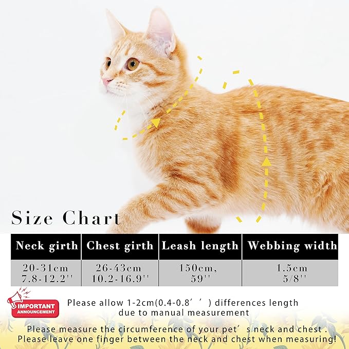 Seyezo Cat Harness and Leash Set, Adjustable Kitten Harness Escape Proof Cats Harness, Soft Lightweight Walking Travel Pet Harness, Cute Kitty Harness Leash Set for Small Medium Cats, Yellow Sunflower