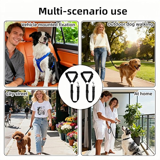 2-in-1 Car Seat Belt for Dogs, Headrest Dog Safety Harness & Leash - Adjustable Nylon Vehicle Pet Restraint, Tangle-Free Travel Solution for Small to Medium Dogs, 2-Pack