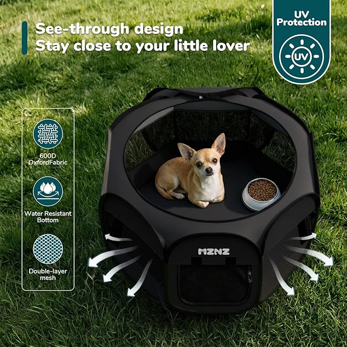 Dog Cat Playpen, Portable Small Animal Playpen Crate Indoor for Dogs Cats Rabbits, Foldable Guinea Pigs Bunny Cage Enclosure Outdoor, Pop Up Dogs Cats Tent Kennel with Carrying Case, Whole Black