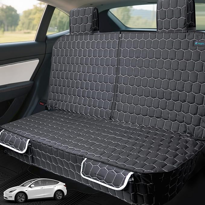 Meginc Dog Seat Covers for Tesla Model Y, Heavy Duty Bench Seat Cover with Headrest for Model Y, Non Slip Waterproof Back Seat Cover for Cars Armrest Compatible Car Seat Protector for Kids and Dogs