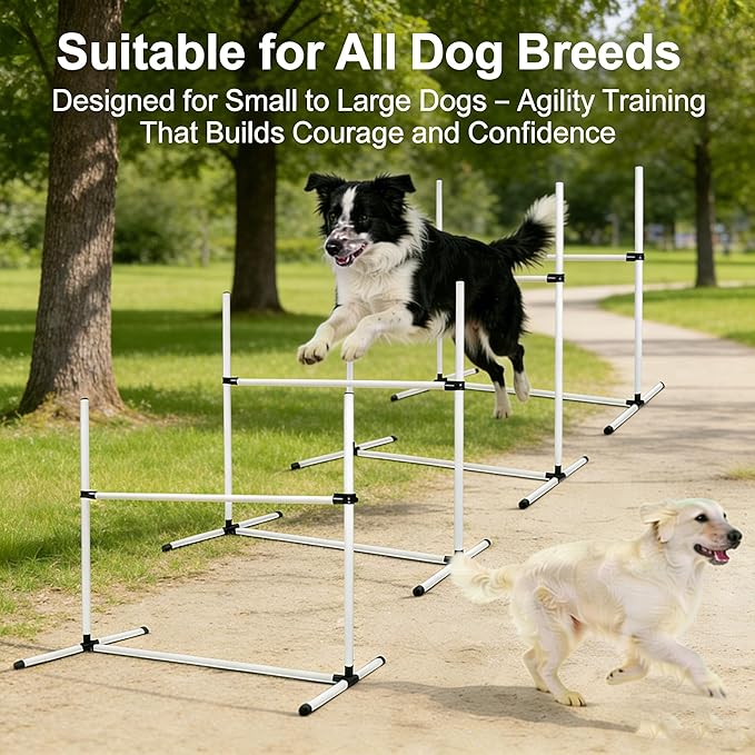 4 PCS Dog Agility Course Equipment, Adjustable Jump Bars Obstacle Training Supplies PVC Puppy Exercise and Coordination Training Kit with Carry Bag for Indoor Outdoor Use(White)