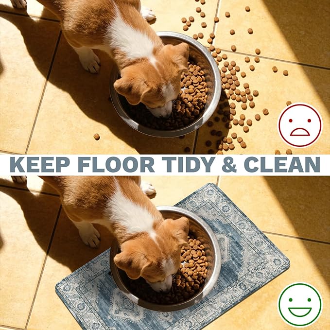 Pet Dog Cat Food Mat, Non Slip Bowl Mats for Food and Water, Absorbent Boho Dogs Cat Feeding Mat Puppy Pet Placemats for Floors Indoor Pets Accessories Supplies 12 * 20 inch, Retro Blue