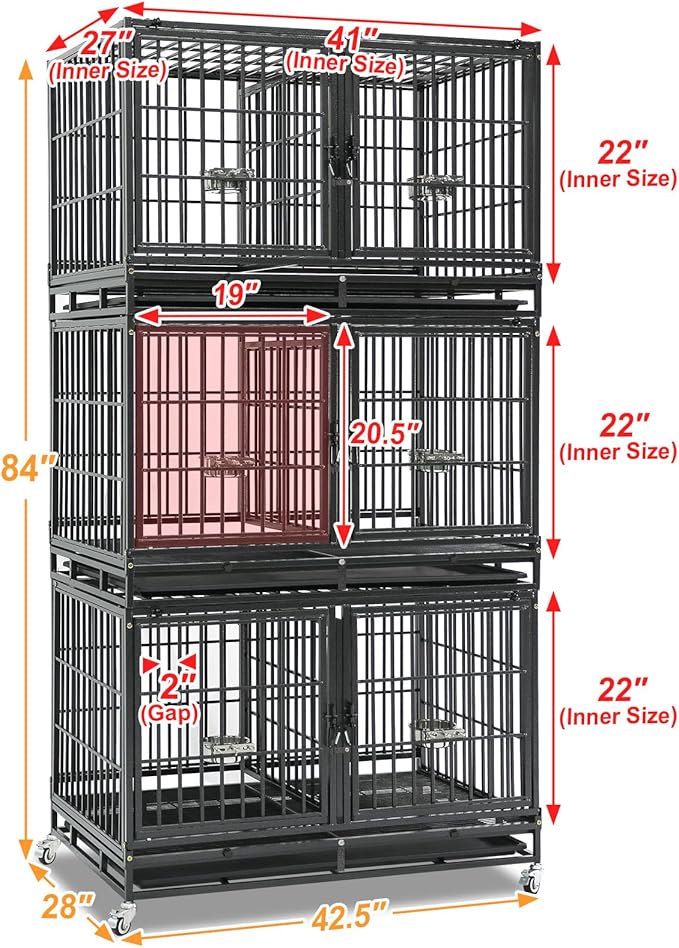 Homey Pet 4 Pack Three Tiers 43 inch Dog Crate with Wheels, Stackable Heavy Duty Indestructible Steel Dog Cage Kennel Indoor with Detachable Divider, Tray, Bowls, Escape Proof Locks