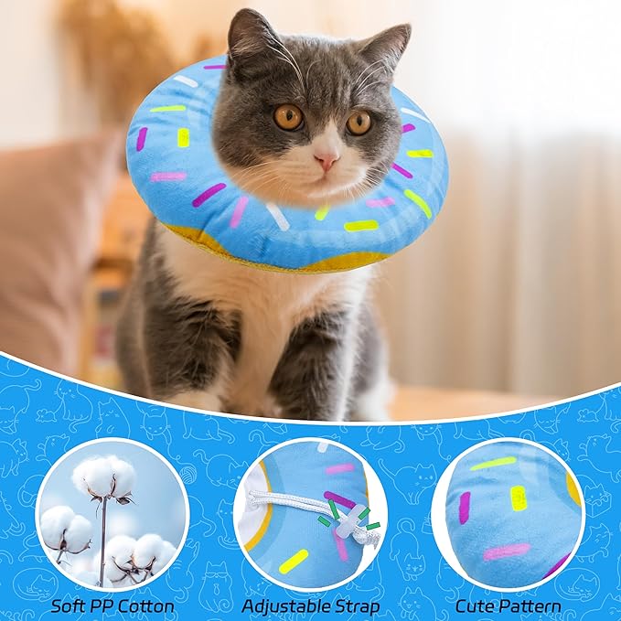 Seyezo Cat Cone Collar Soft, Adjustable Cat Recovery Collars Kitten Cones to Stop Licking, Cute Donut Neck Collar After Surgery, Elizabethan Kittens Protective Cones After Spay (Donut Blue, Large)