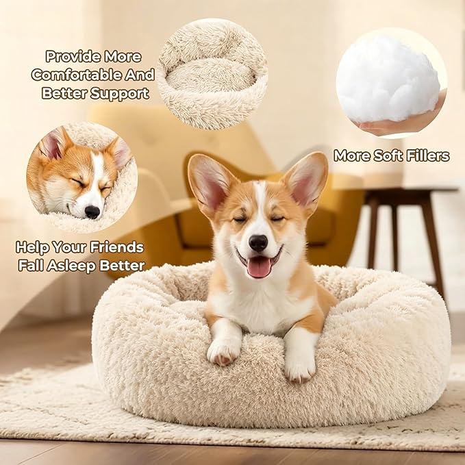 Calming Donut Dog and Cat Bed for Indoor Cats, Anti-Anxiety Round Fluffy Soft Washable Small Pet Bed for Puppy and Kitten, Warming Comfortable Luxury Anti-Slip Waterproof Mute Base 20in Light Brown