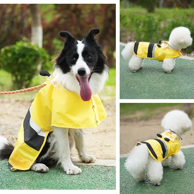 Dog Raincoat, Waterproof Reflective Adjustable Hooded Dog Rain Coat with Leash Hole, Lightweight Breathable Pet Poncho for Dogs (Yellow Bee, Medium(13-22lb))