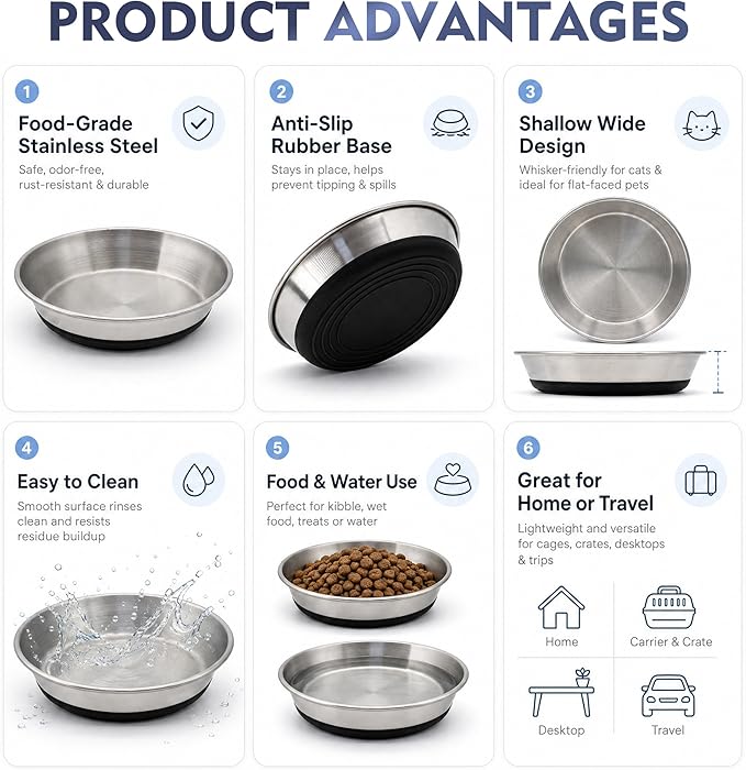 Stainless Steel Shallow Cat Bowls 2 Pack, Whisker Fatigue Free Design, Non-Slip Silicone Base, Heavy Duty Metal Plates, Replacement for Elevated Stands, Suitable for Cats, Kittens and Small Dogs