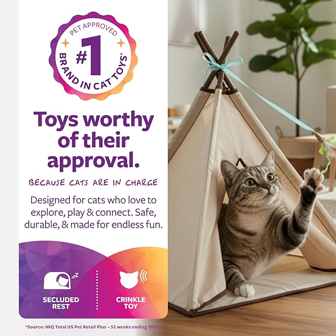 SmartyKat Kitty Camp Crinkle Cat Tent Hideaway, Collapsible Tent with Detachable Feather Toy for Privacy & Play for Cats & Kittens, Beige, One Size