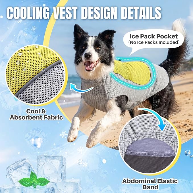 SlowTon Dog Cooling Vest - with Ice Pack Pocket, 3-Layer Evaporative Cooling Jacket with Reflective Stripes, Lightweight Breathable Summer Pet Clothes for Small, Medium and Large Dogs (Yellow, S)
