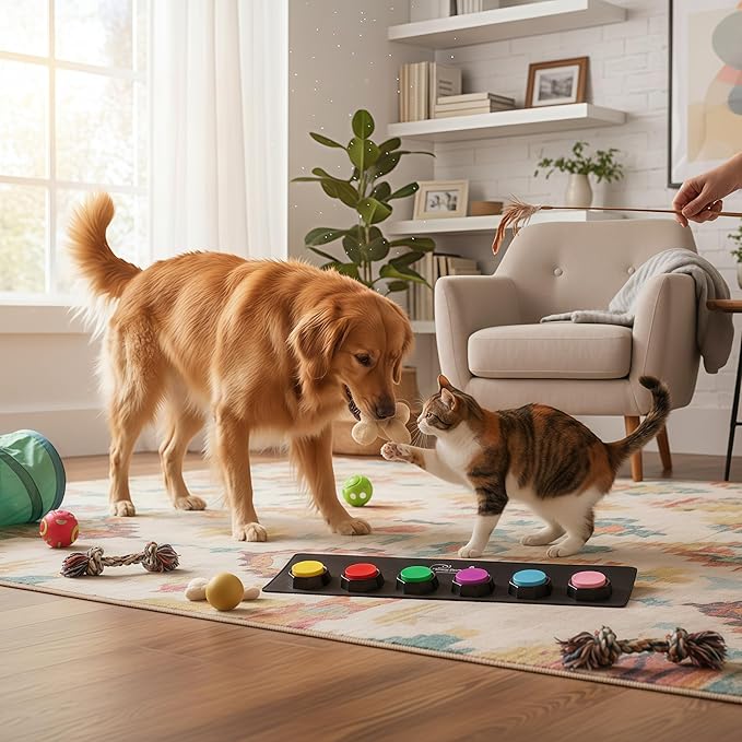 BOSKEY 6 Dog Buttons for Communication Pet Talking Buttons Starter Set Dog Speaking Buttons 50 Stickers Recordable Button One Waterproof mat
