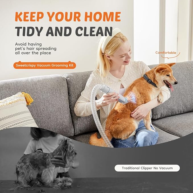 DUMOS Pet Grooming Vacuum Kit, 3 Adjustable Suction Modes Dog Clipper, 5 Professional Grooming Tools with Cordless Low Noise Cat Hair Clippers, 2.5L, Gray