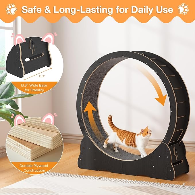Cat Wheel for Indoor Cats, Quiet Large Cat Treadmill with Detachable Carpeted Runway, 46” Exercise Running Wheel for Pet’s Health and Entertainment, (XL, Black)