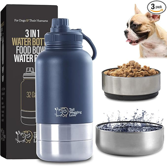 32oz 3-in-1 Portable Travel Water Bottle, Food & Hydration Bottle - Dual Use for Humans & Pets with Detachable Bowls, Stainless Steel, Keeps Water Hot for 6hrs & Cold for 12hrs